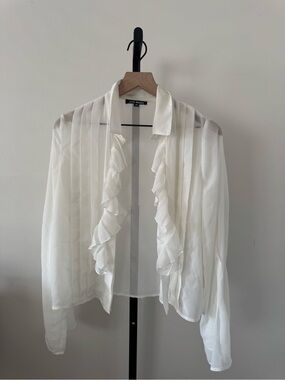 Steve Madden White Ruffle Trim Sheer Button-Down Blouse